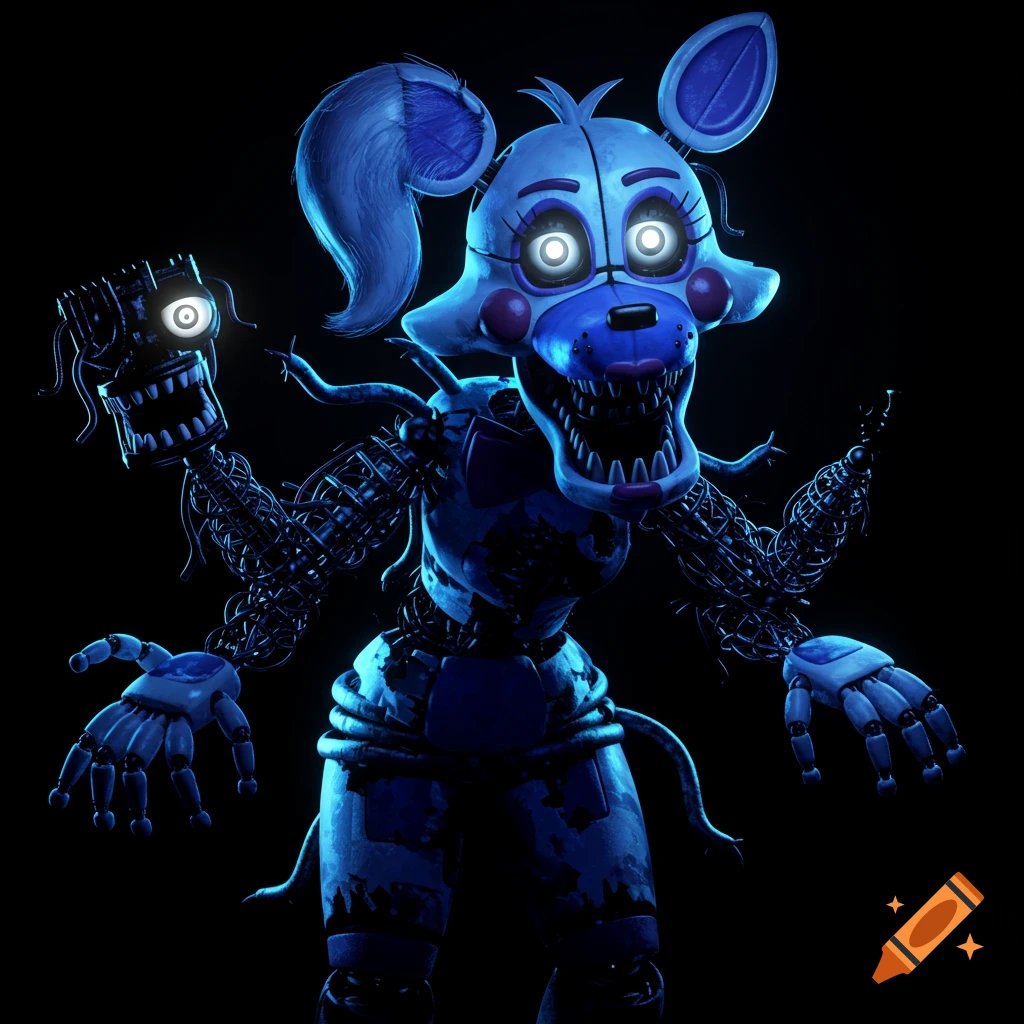 A damaged blue and white animatronic with multiple heads and limbs, glowing eyes, and sharp teeth against a black background.