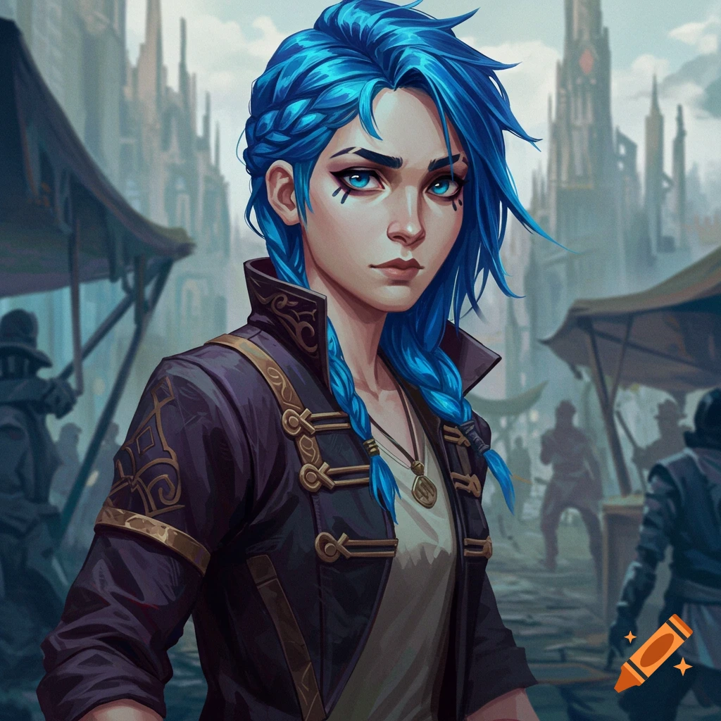 A woman with blue braided hair in a dark jacket stands in a busy fantasy market street.