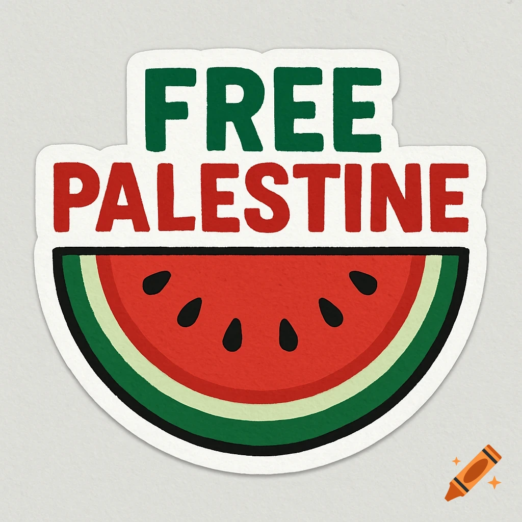 Illustration of a sticker with a watermelon slice and text 'FREE PALESTINE'.