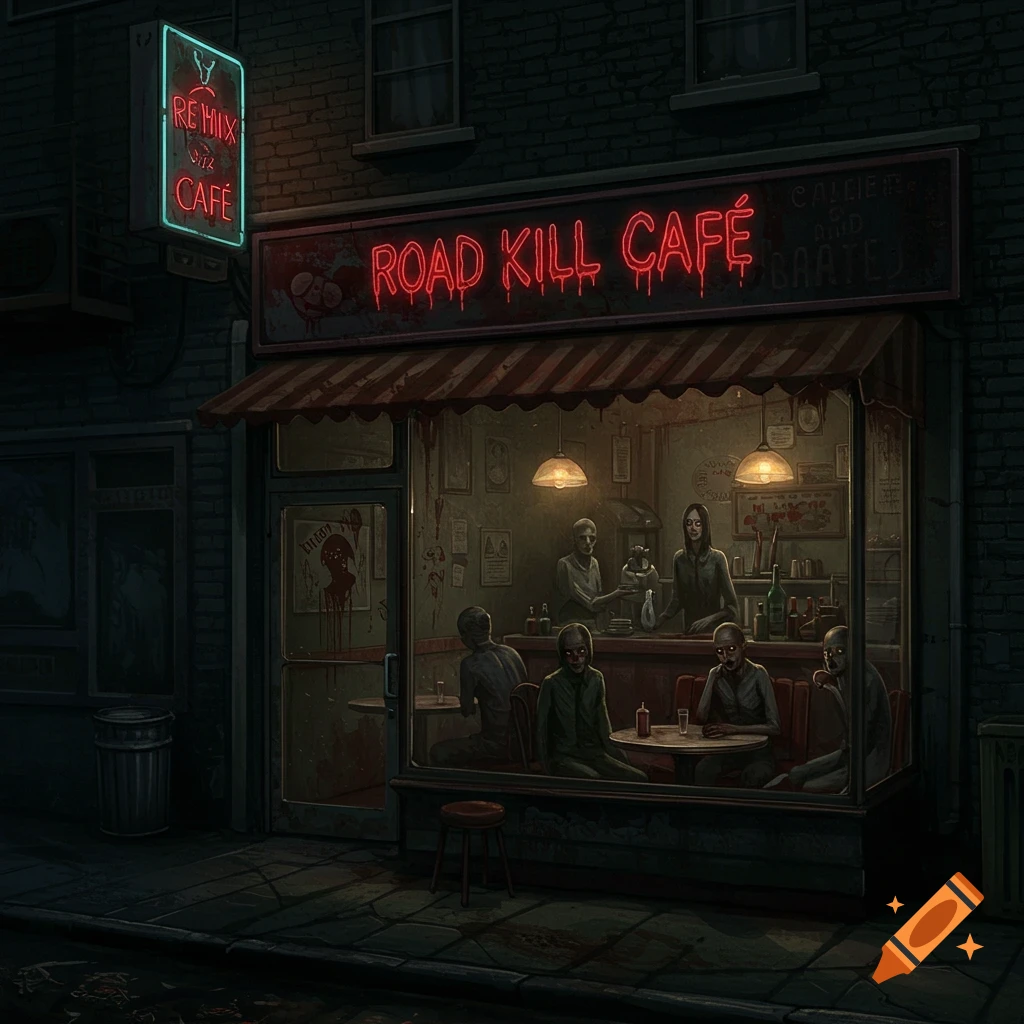 Illustration of a creepy cafe with zombie patrons and staff. Neon signs read 'ROAD KILL CAFÉ' and 'REMIX CAFE'.
