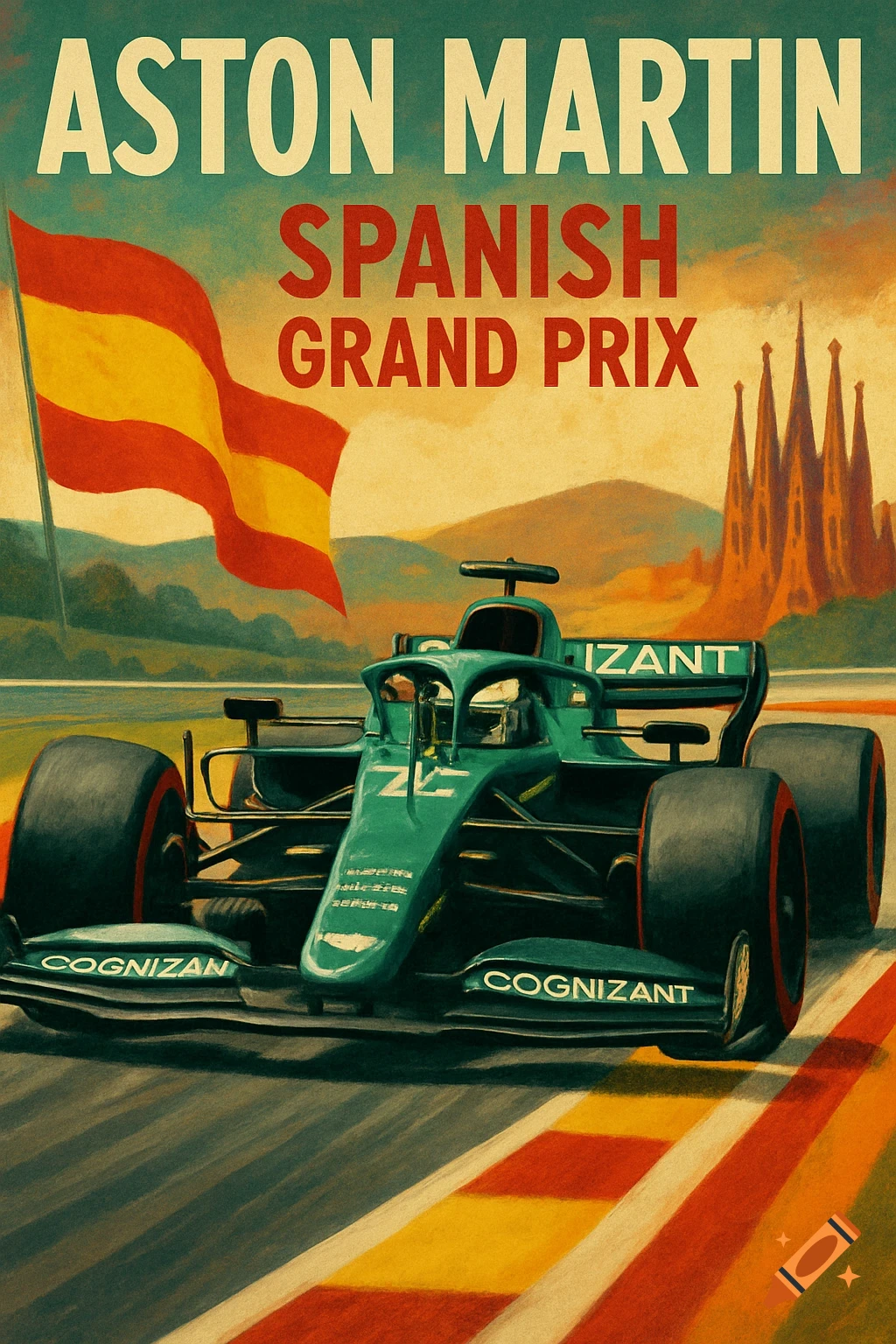 Vintage-style poster of an Aston Martin F1 car on track with a Spanish flag, mountains, and a building in the background. Text says "ASTON MARTIN SPANISH GRAND PRIX".