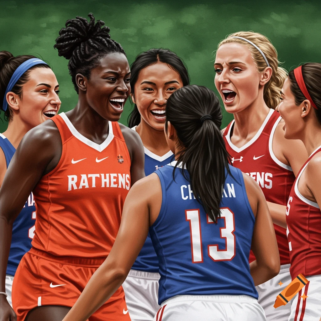 Women athletes in jerseys cheering together