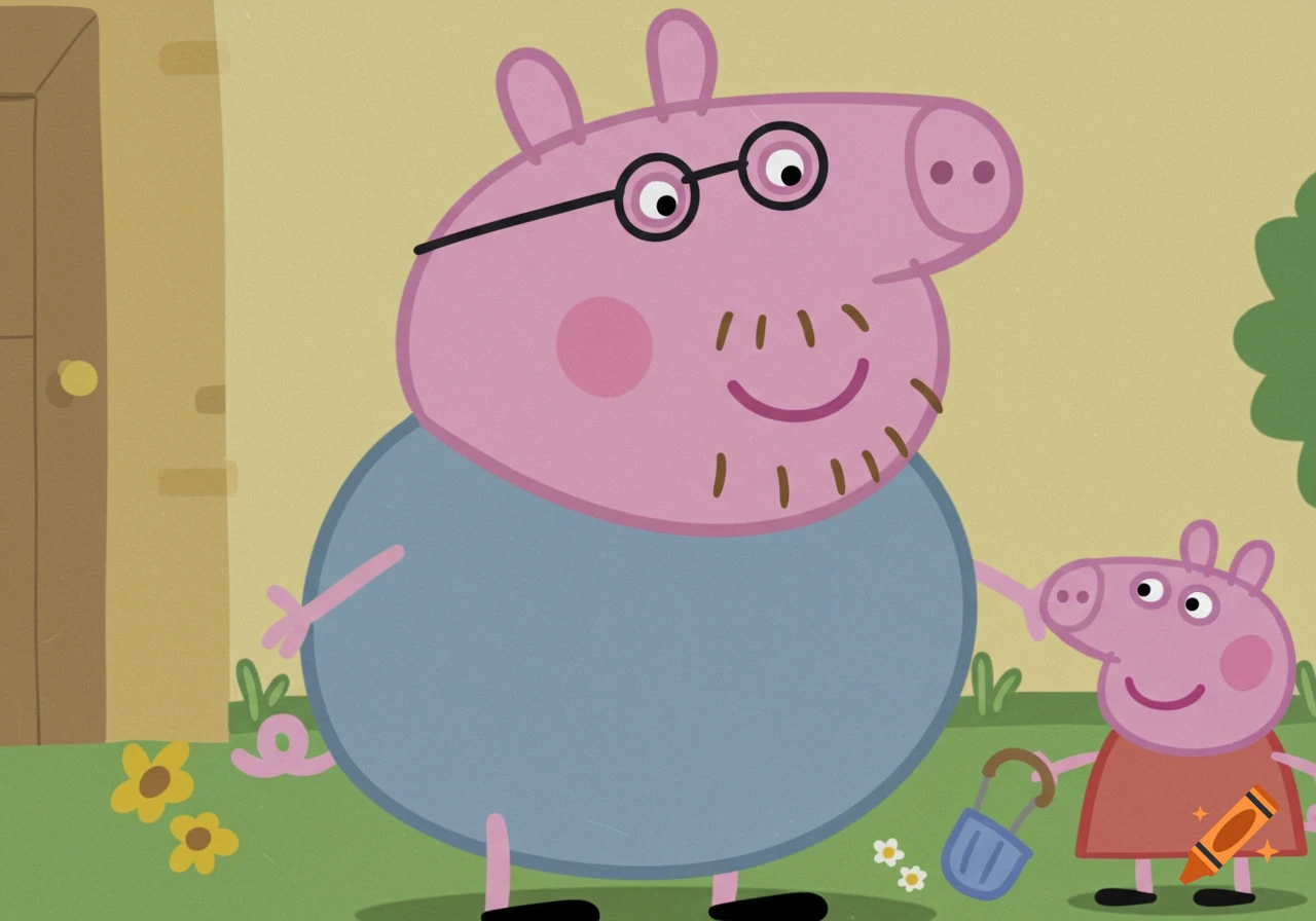 Cartoon of Daddy Pig and Peppa Pig standing outside with flowers.