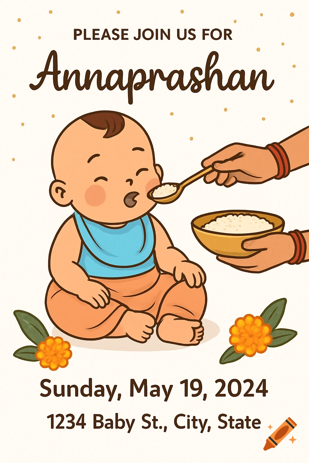 Cartoon illustration of a baby being fed rice by hands, with Annaprashan invitation text, flowers, and gold dots.