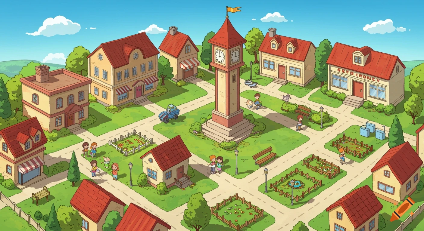 A colorful cartoon village scene with houses, a clock tower, children playing, and green fields under a clear sky, in an animated storybook style.