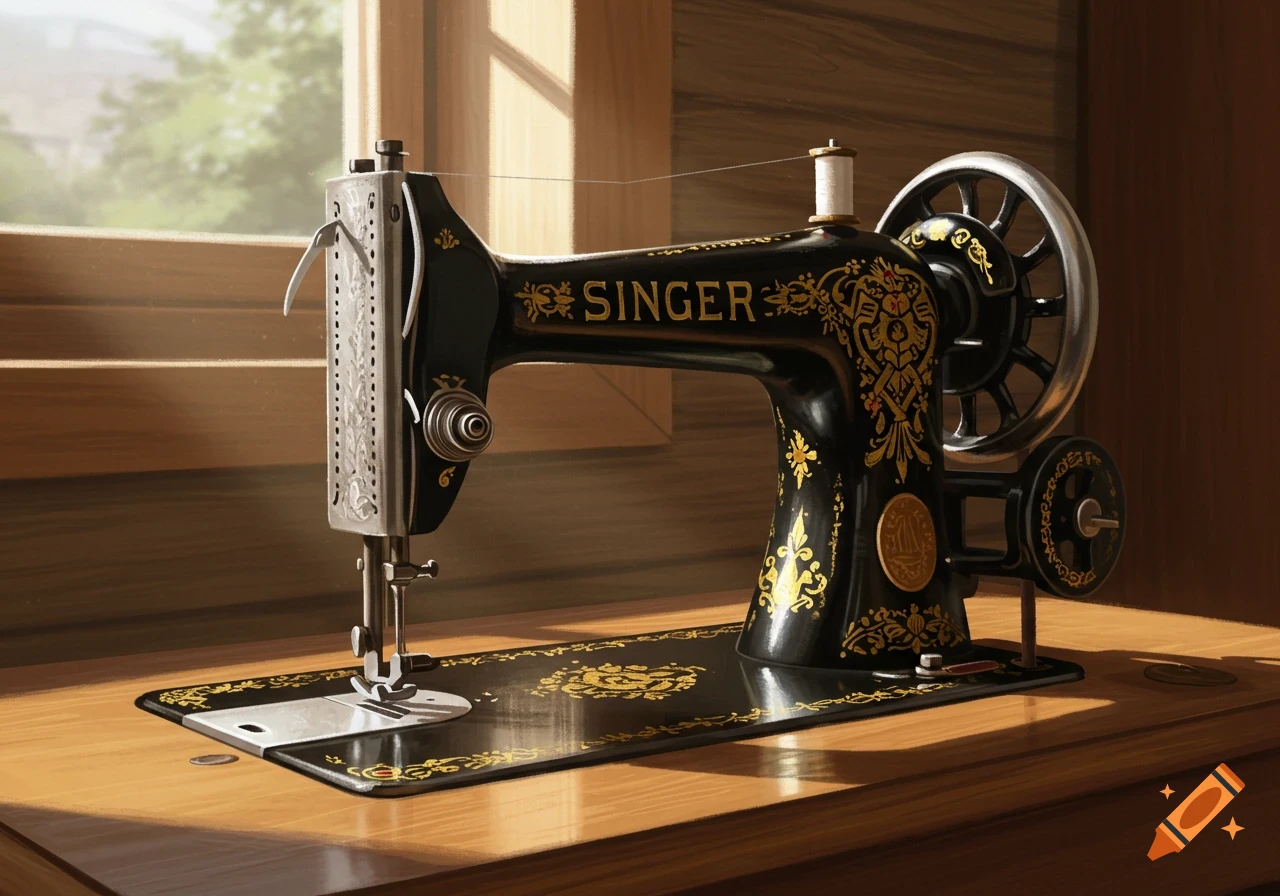 A vintage black and gold Singer sewing machine sits on a wooden table by a sunlit window.