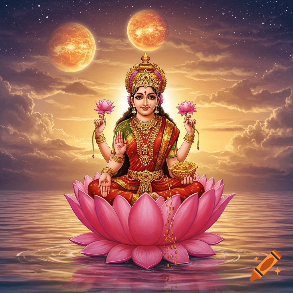 A Hindu goddess, Lakshmi, sits on a large pink lotus flower in water. She holds lotus flowers and a bowl, with two orange planets in the sky.