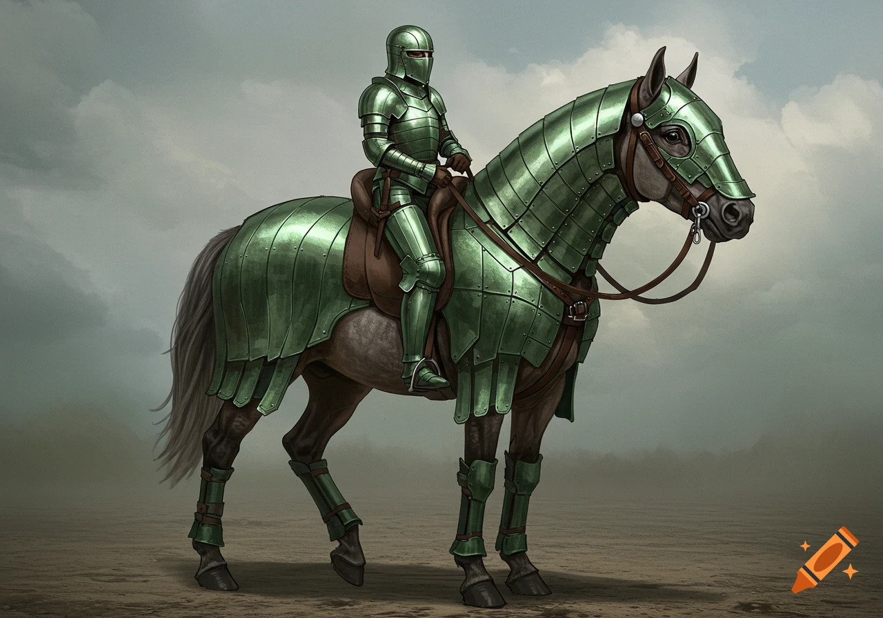 A knight in full green streamline moderne armor sits atop a horse also clad in green armor.