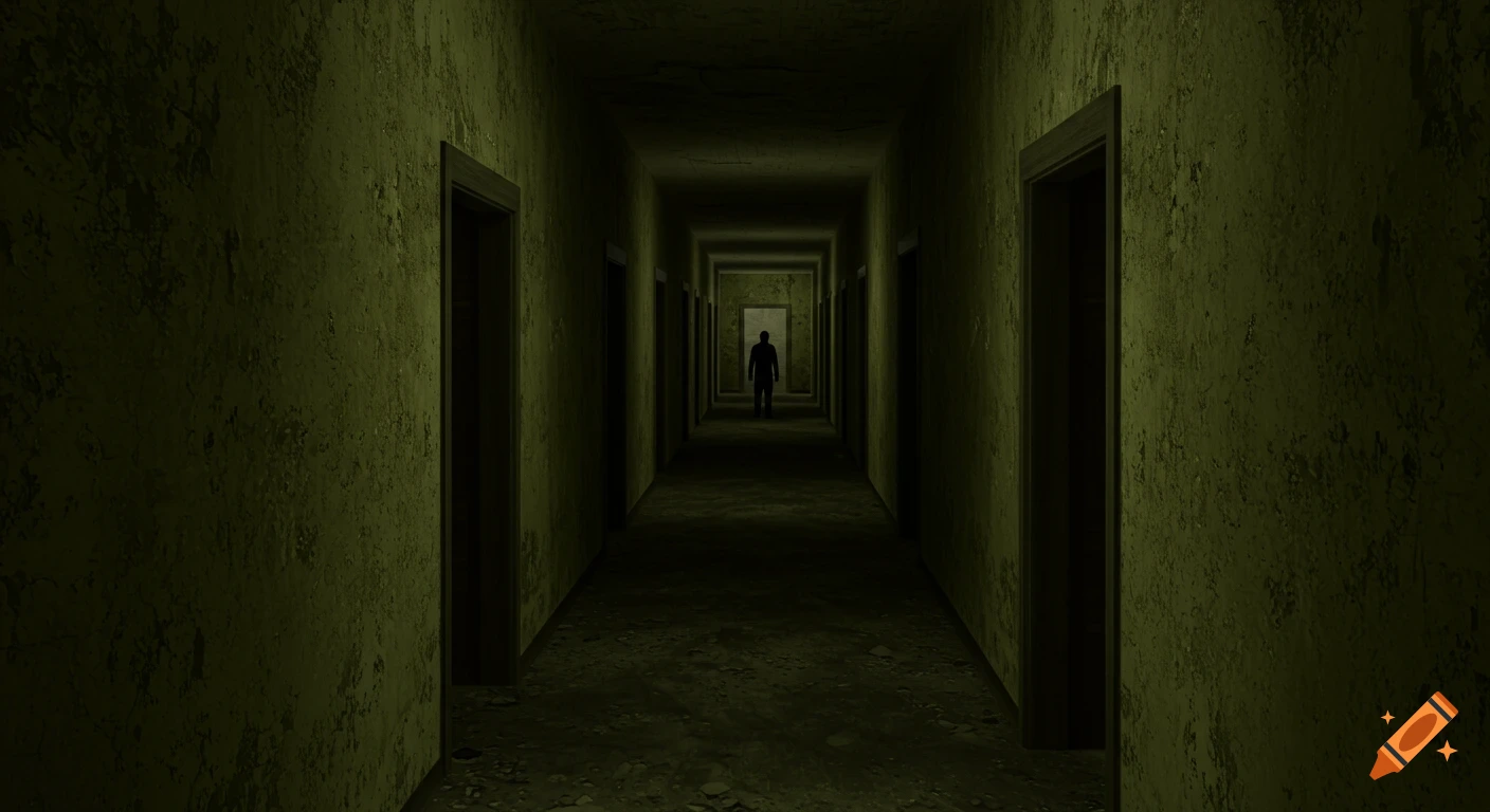 A long, dark, decayed hallway with a silhouetted figure standing in the distance.