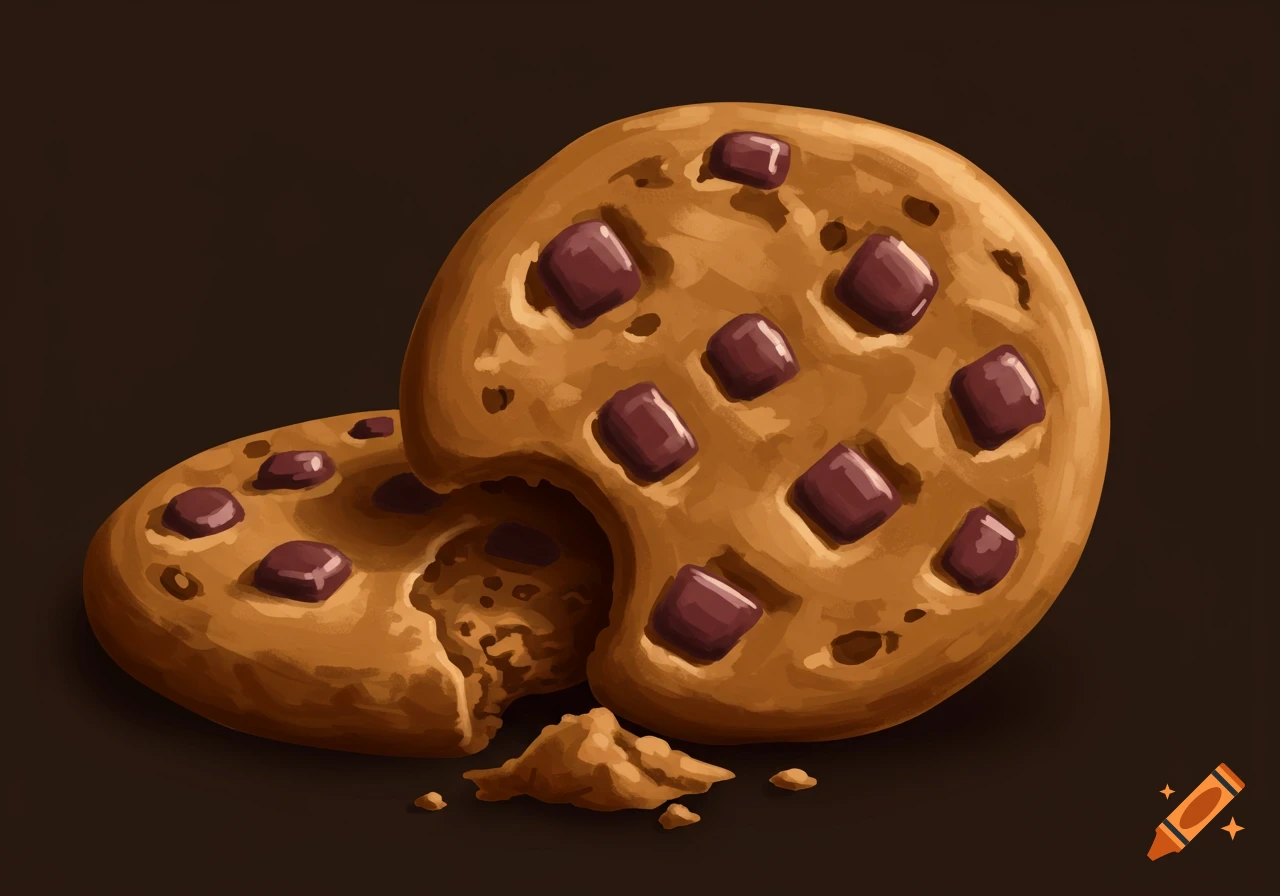 Digital painting of two chocolate chip cookies, one with a bite taken out, against a dark background.