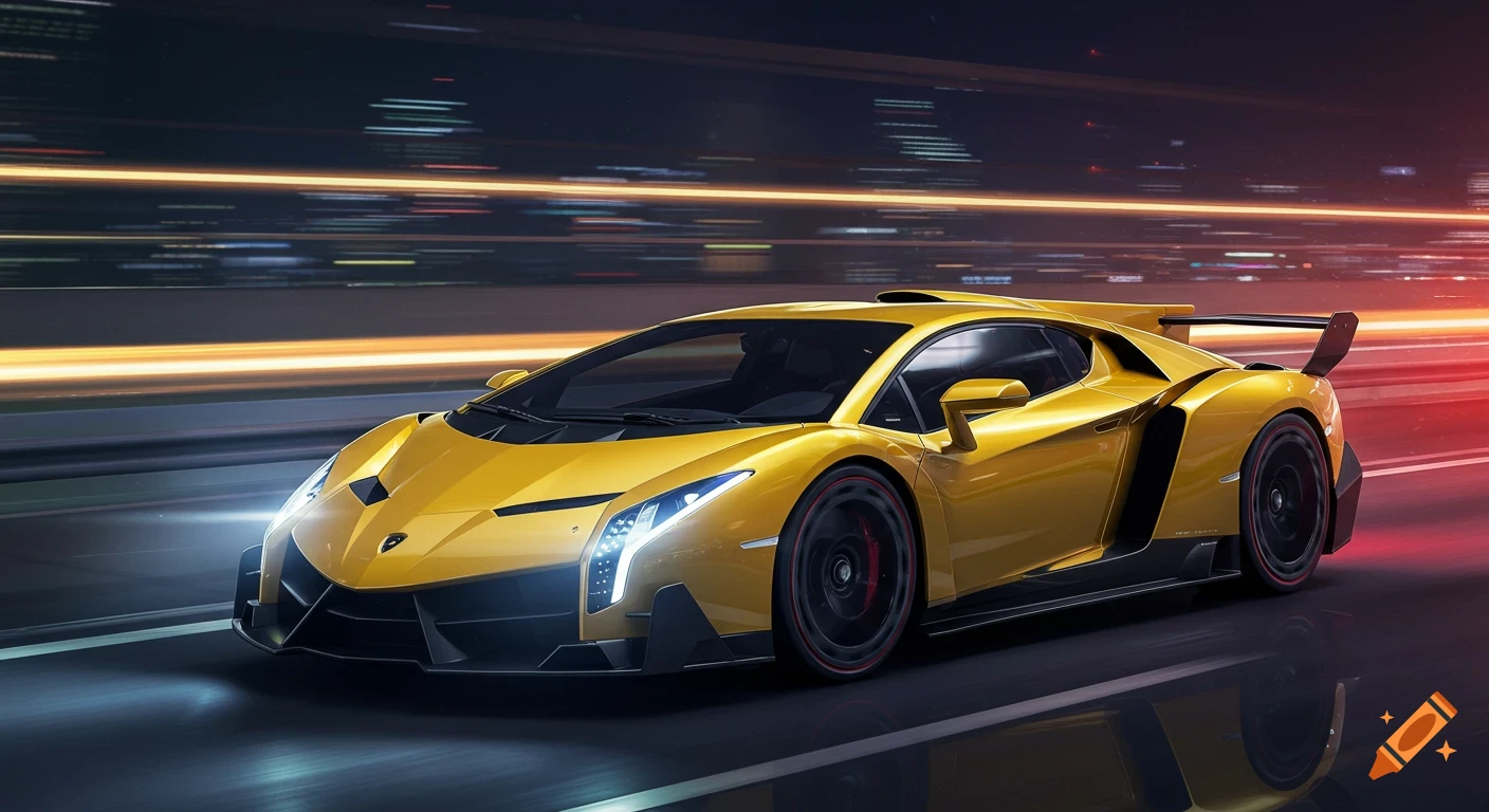 Yellow Lamborghini Veneno sports car driving at night with motion blur.
