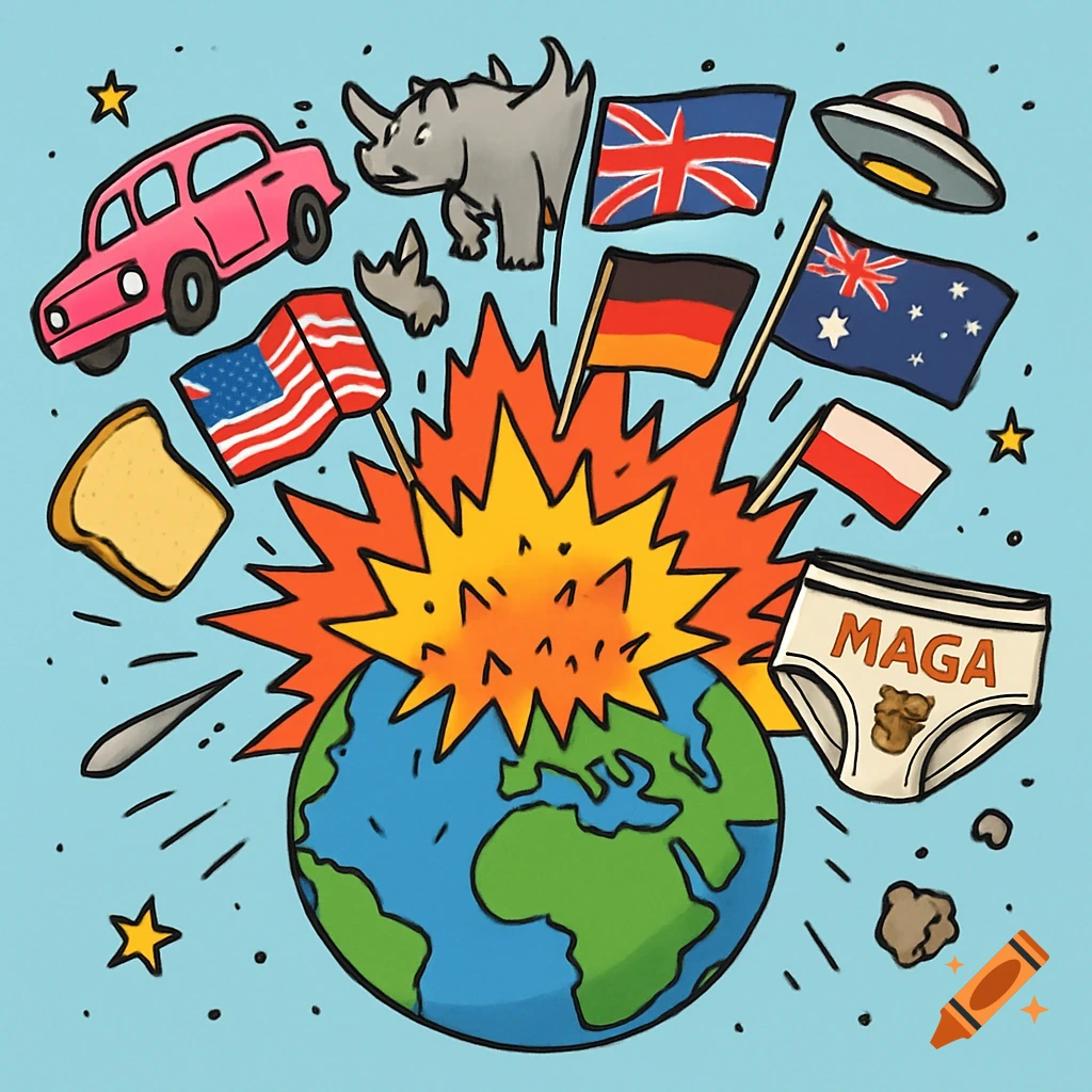 Cartoon of Earth exploding with objects like flags, a car, rhino, bread, and MAGA underwear flying out.