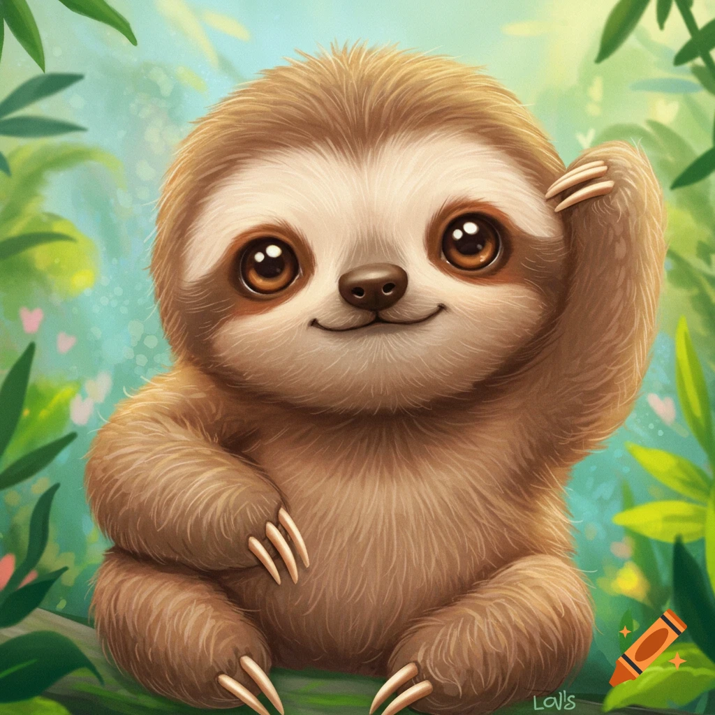 A cute cartoon illustration of a baby sloth sitting on a branch in a  jungle. on Craiyon, image size:1024x1024