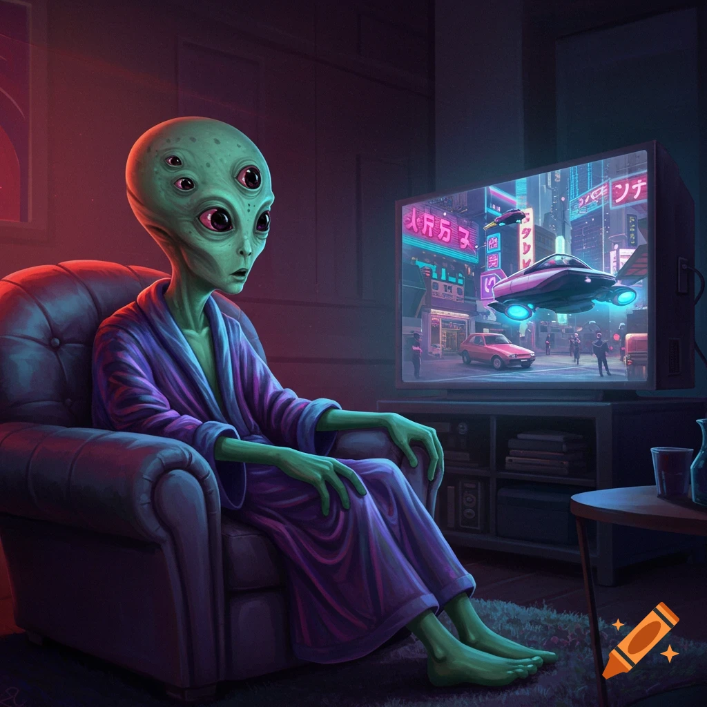 An alien with multiple eyes sits in an armchair watching a futuristic cityscape on a TV.