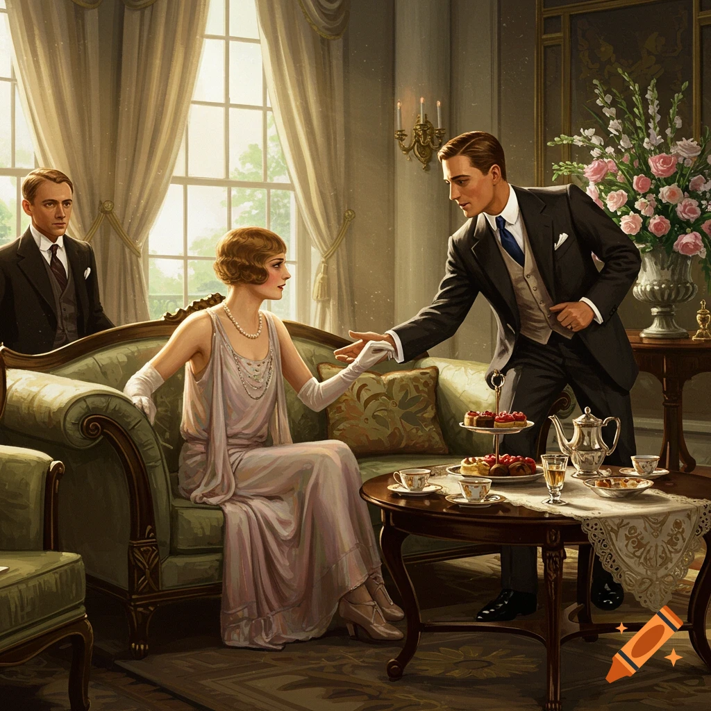Three people in 1920s attire in a room with tea, a man reaching for a woman on a couch. Illustration style.