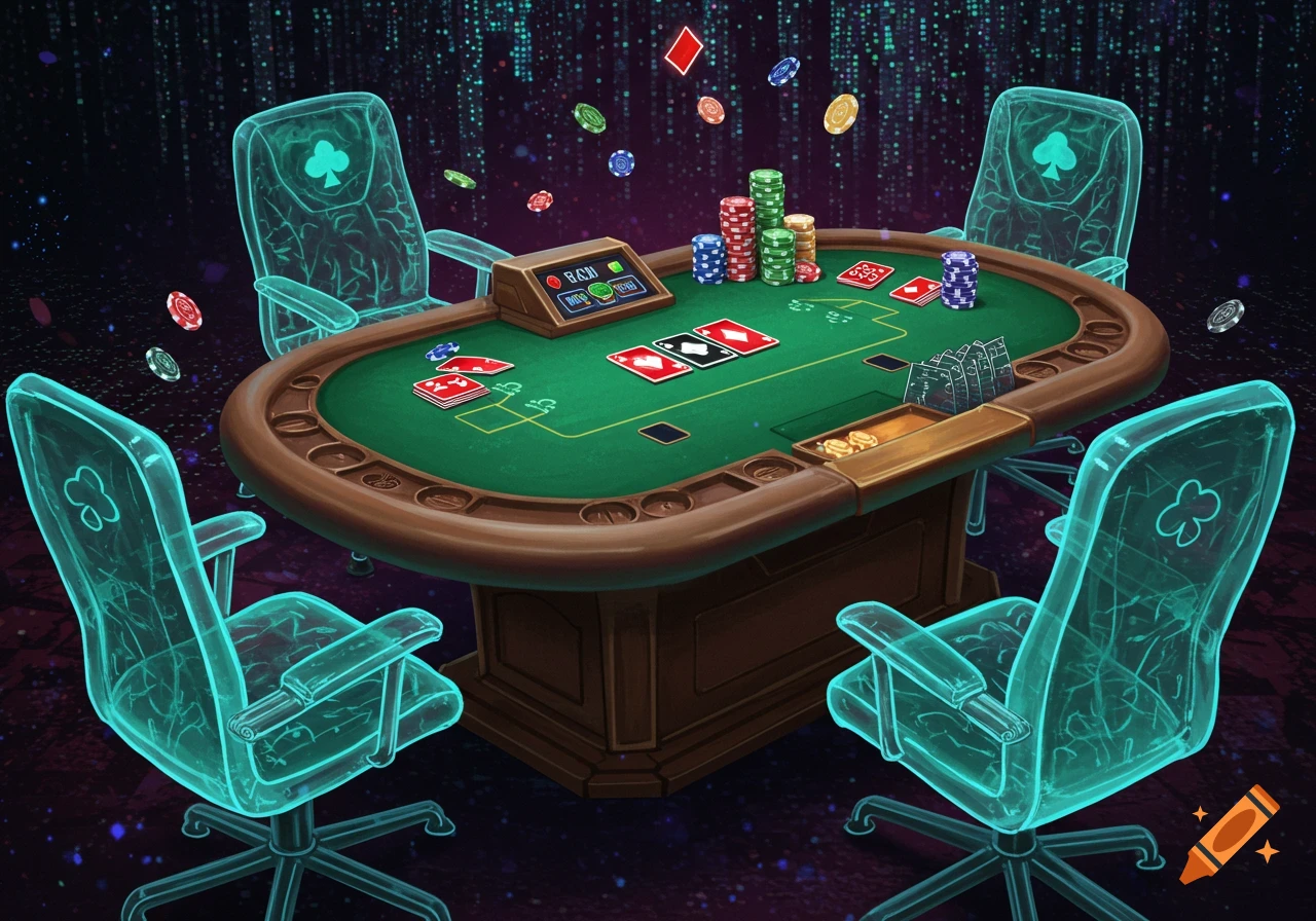 A digital art illustration of a poker table with cards, chips, and glowing translucent chairs, set against a dark background with falling digital code.