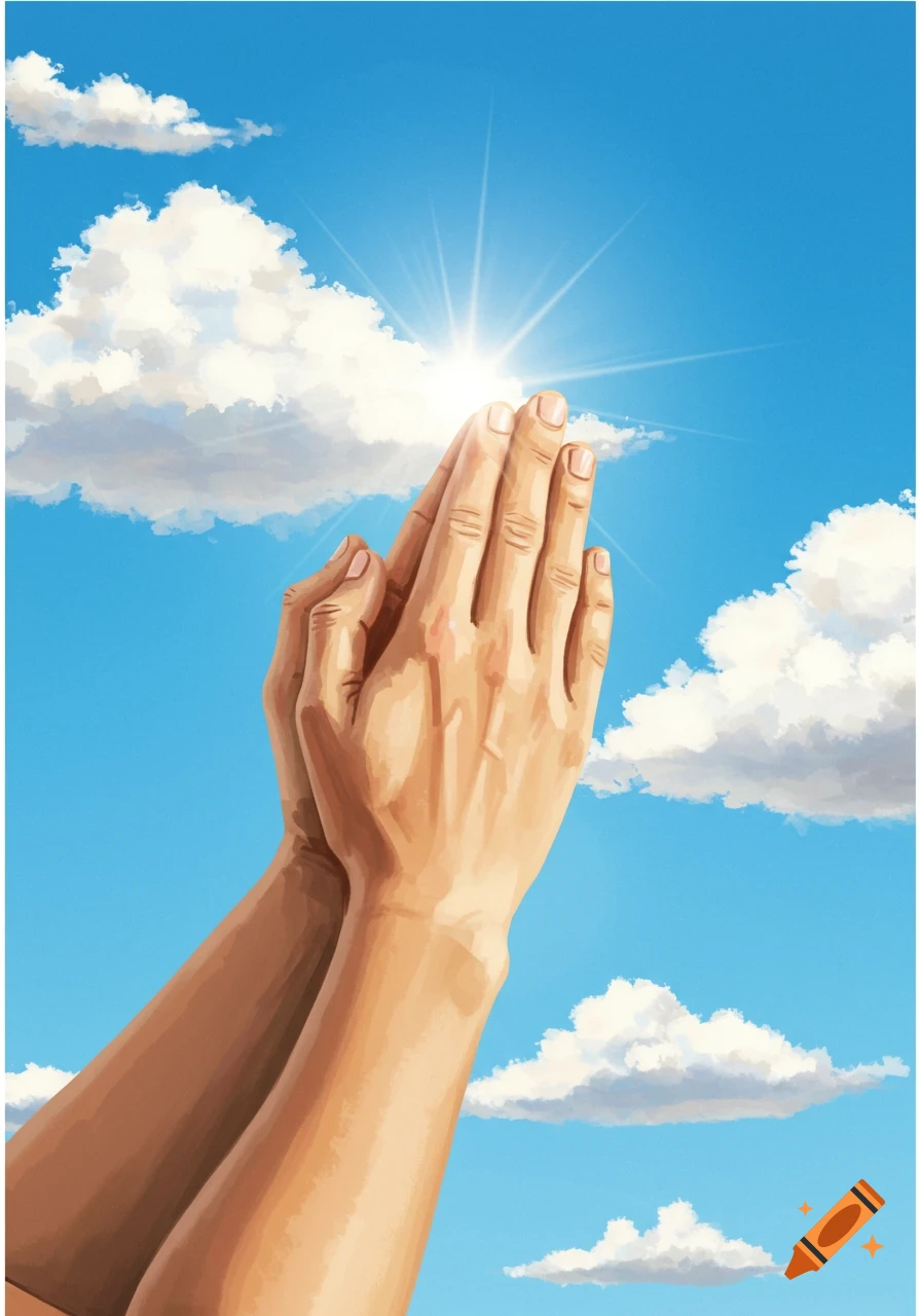 Hands clasped in prayer against a sunny blue sky with clouds.