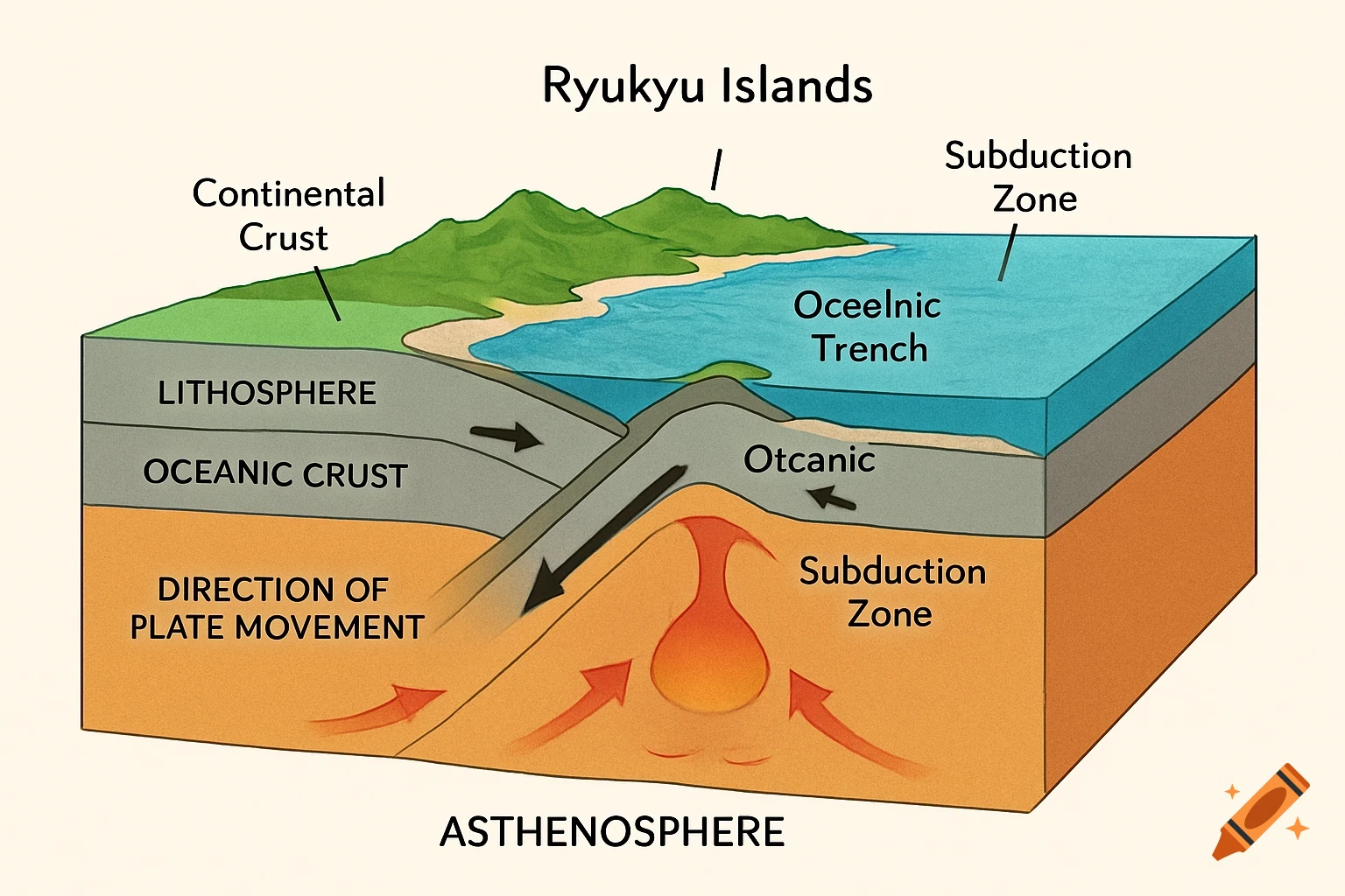 A diagram illustrating the formation of the Ryukyu Islands via oceanic subduction under continental crust, showing geological layers and features.