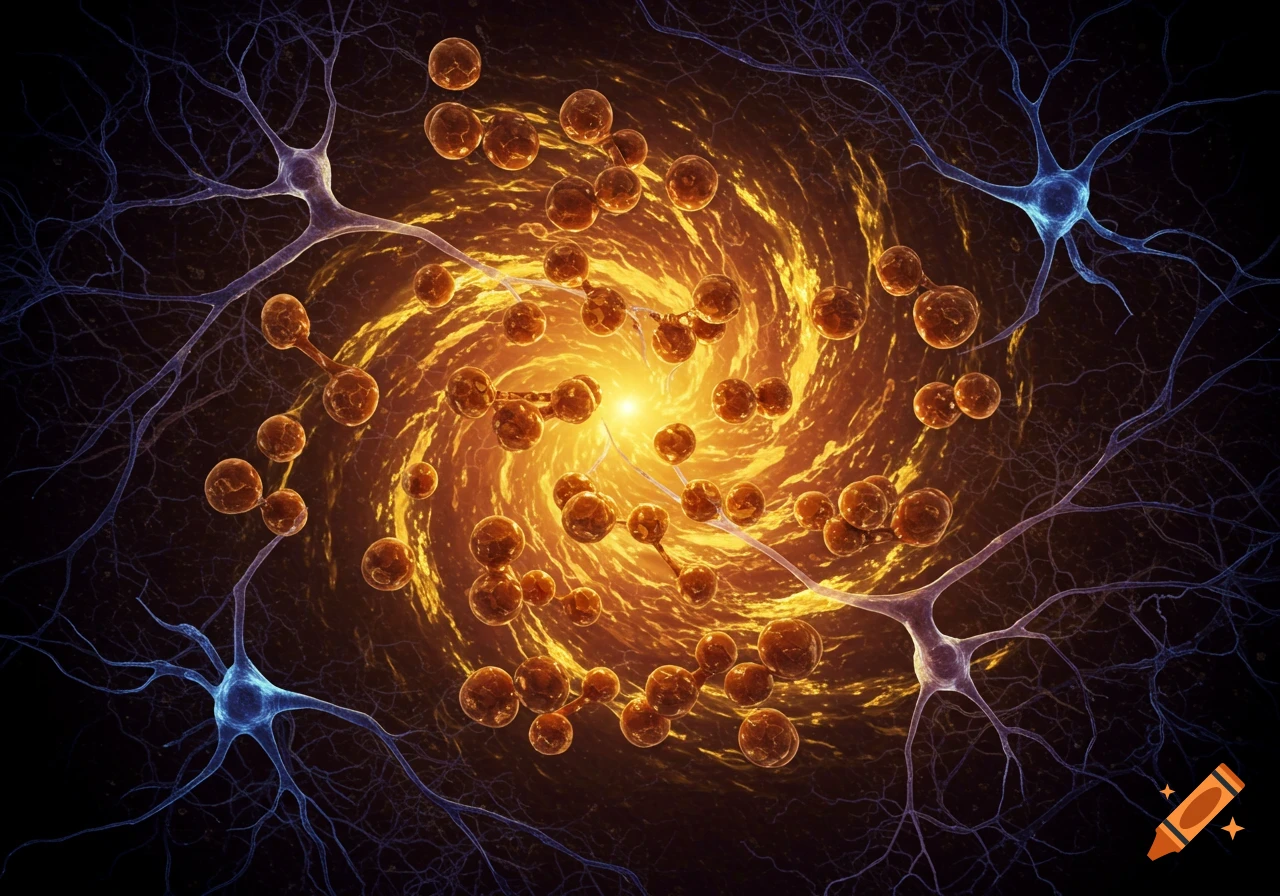 Stylized neurons surrounding a swirling orange vortex of glowing spheres