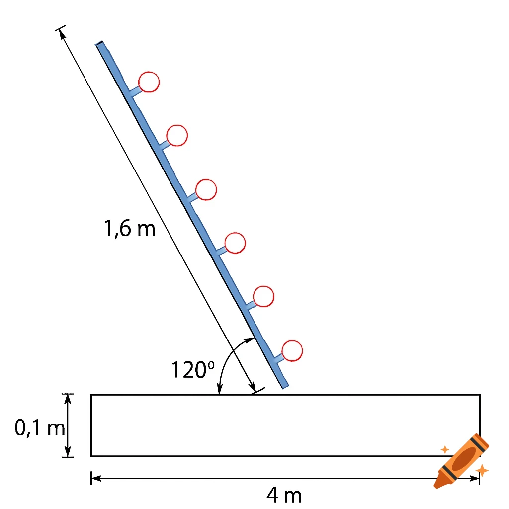 A technical drawing shows a pipe with nozzles tilted at 120 degrees, labeled with length 1.6m and tray dimensions 4m x 0.1m.
