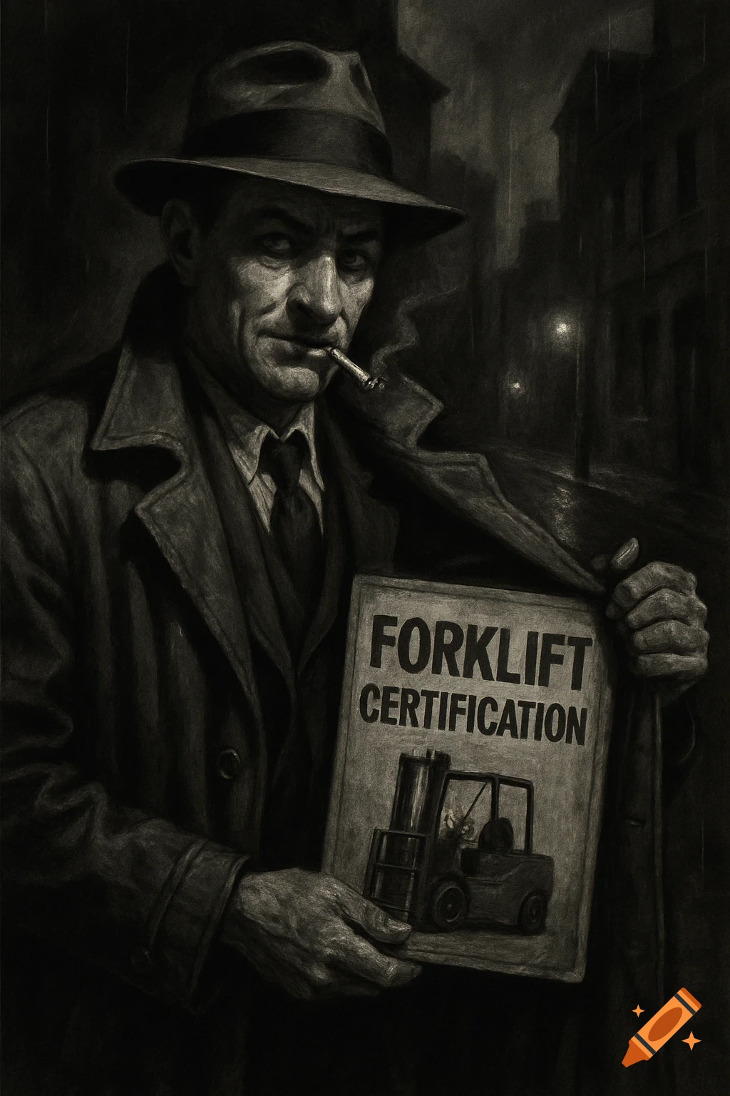 Shady man in a hat holding a 'Forklift Certification' sign in a dark film noir charcoal style.