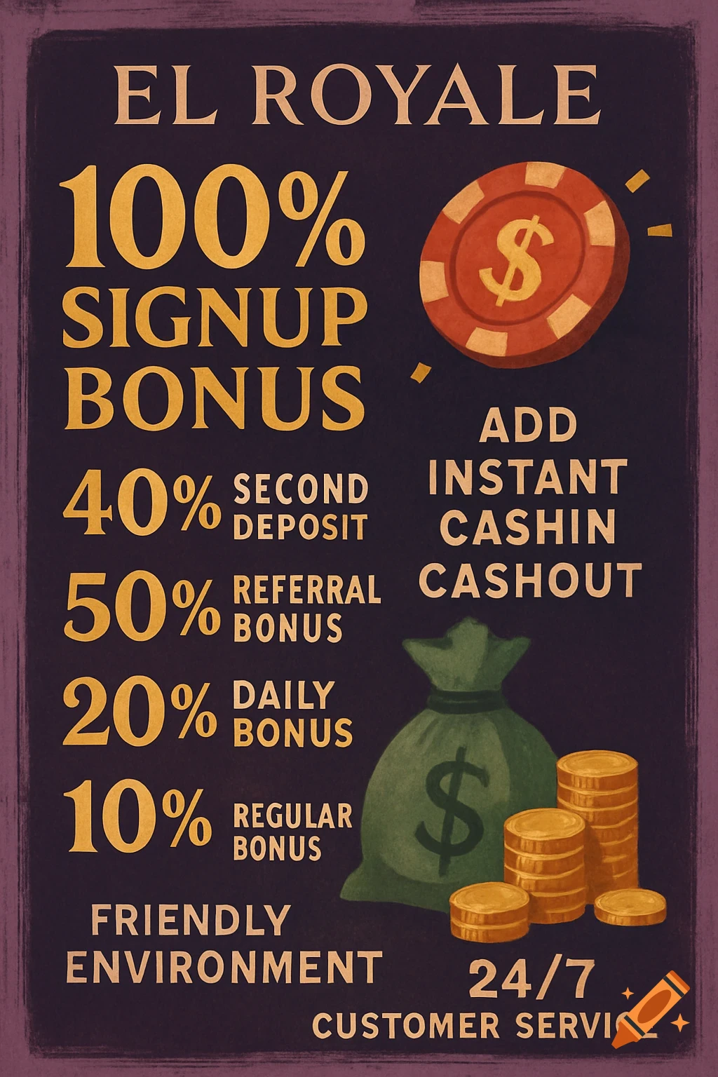 Illustrated flyer for El Royale casino listing bonus offers, customer service details, money bag, coins, and a chip.
