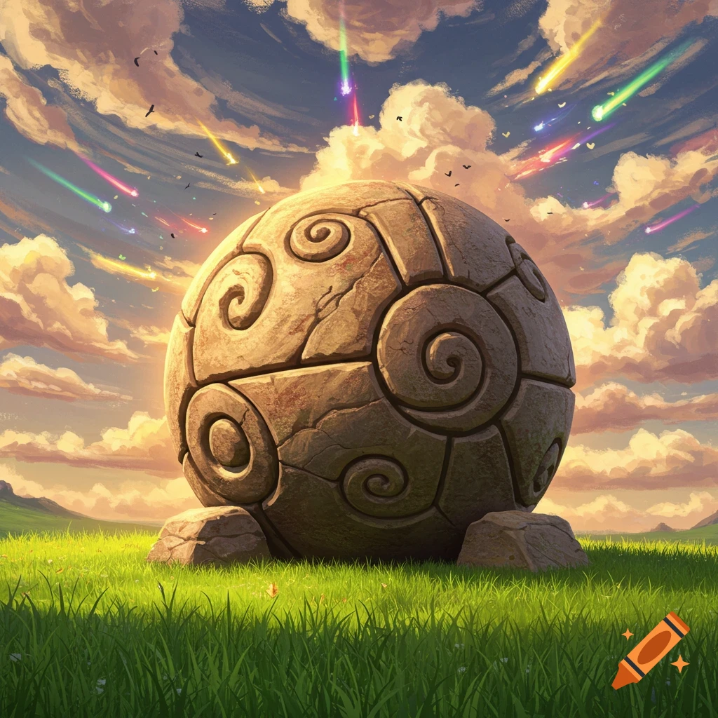 A large ancient stone sphere rests on grassy ground under a sky filled with colorful meteors.