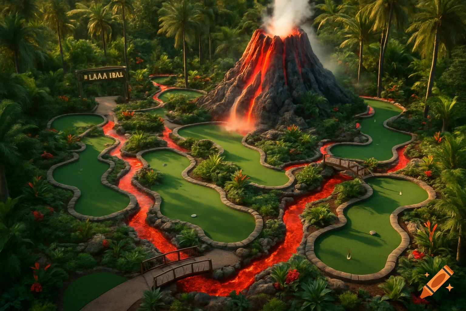 Aerial view of a tropical miniature golf course with an erupting volcano and lava hazards in a lush jungle.