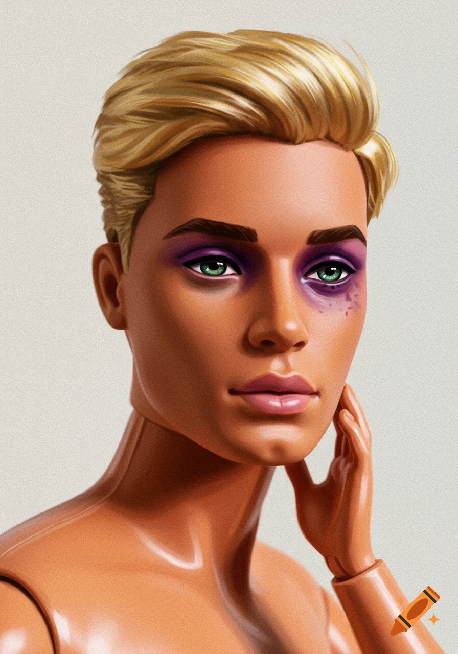 Close-up portrait of a male doll with blonde hair, green eyes, purple eye makeup, and a bruised eye.