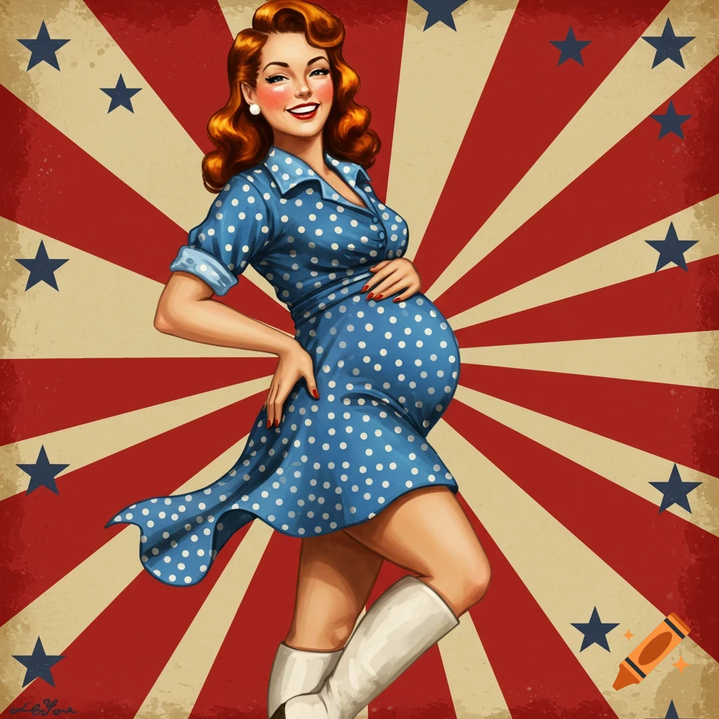 Pin-up style pregnant woman in blue polka dot dress against a patriotic sunburst background with stars.