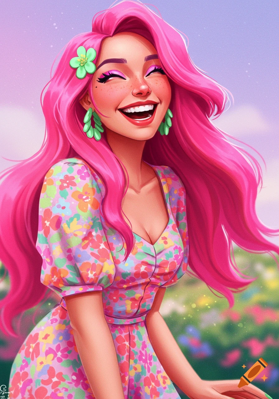 stylized-illustration-of-a-smiling-woman-with-pink-hair-in-a-floral