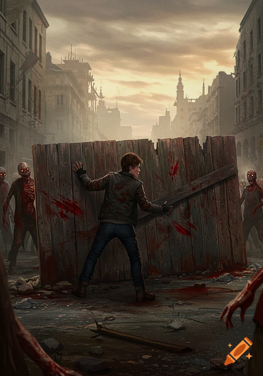 Person pushes wooden barrier against approaching zombies in a ruined city street.