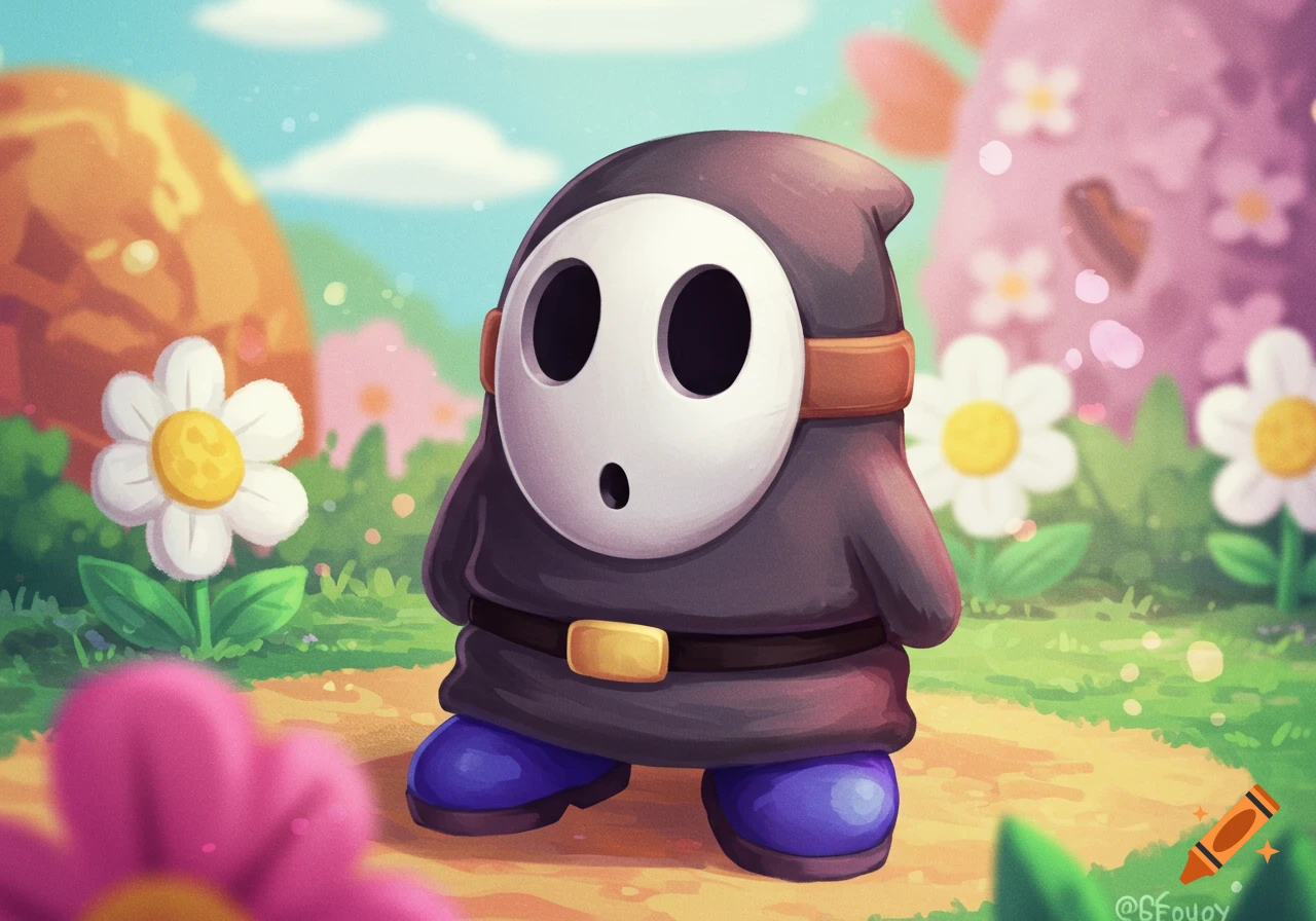 Shy Guy stands in a colorful garden, illustration.