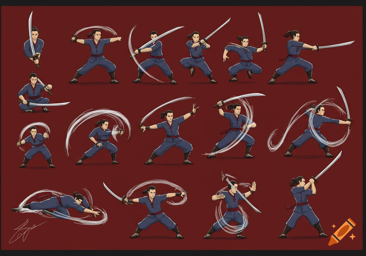 Character demonstrating sword fighting stances and movements.
