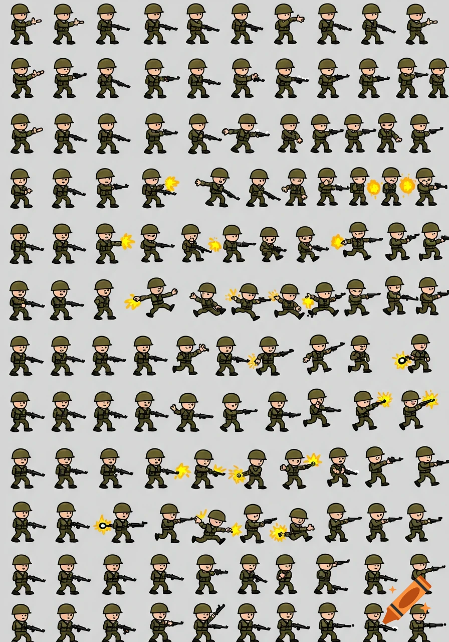 Pixel art sprite sheet of soldiers in various poses for a game.