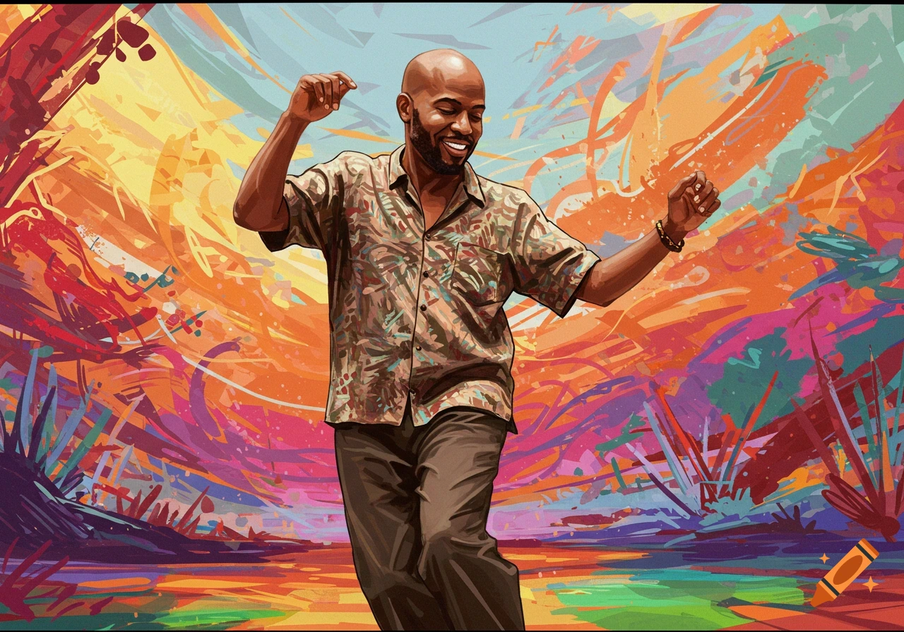 A bald man in a patterned shirt dances happily against a vibrant abstract background.