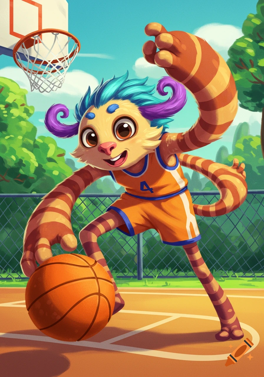 A cute, striped cartoon furry creature plays basketball on an outdoor court.