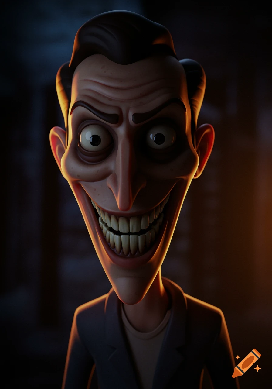 Creepy cartoon man with wide eyes and jagged smile in a dark setting