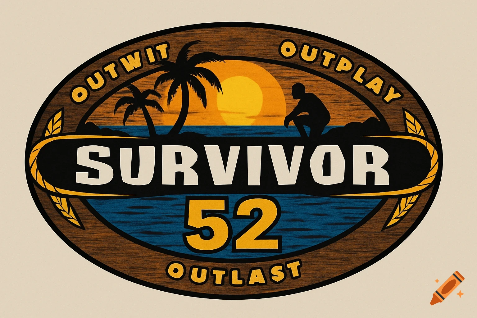 Oval logo with sunset, palm trees, silhouetted figure, text 'OUTWIT OUTPLAY SURVIVOR 52 OUTLAST'.