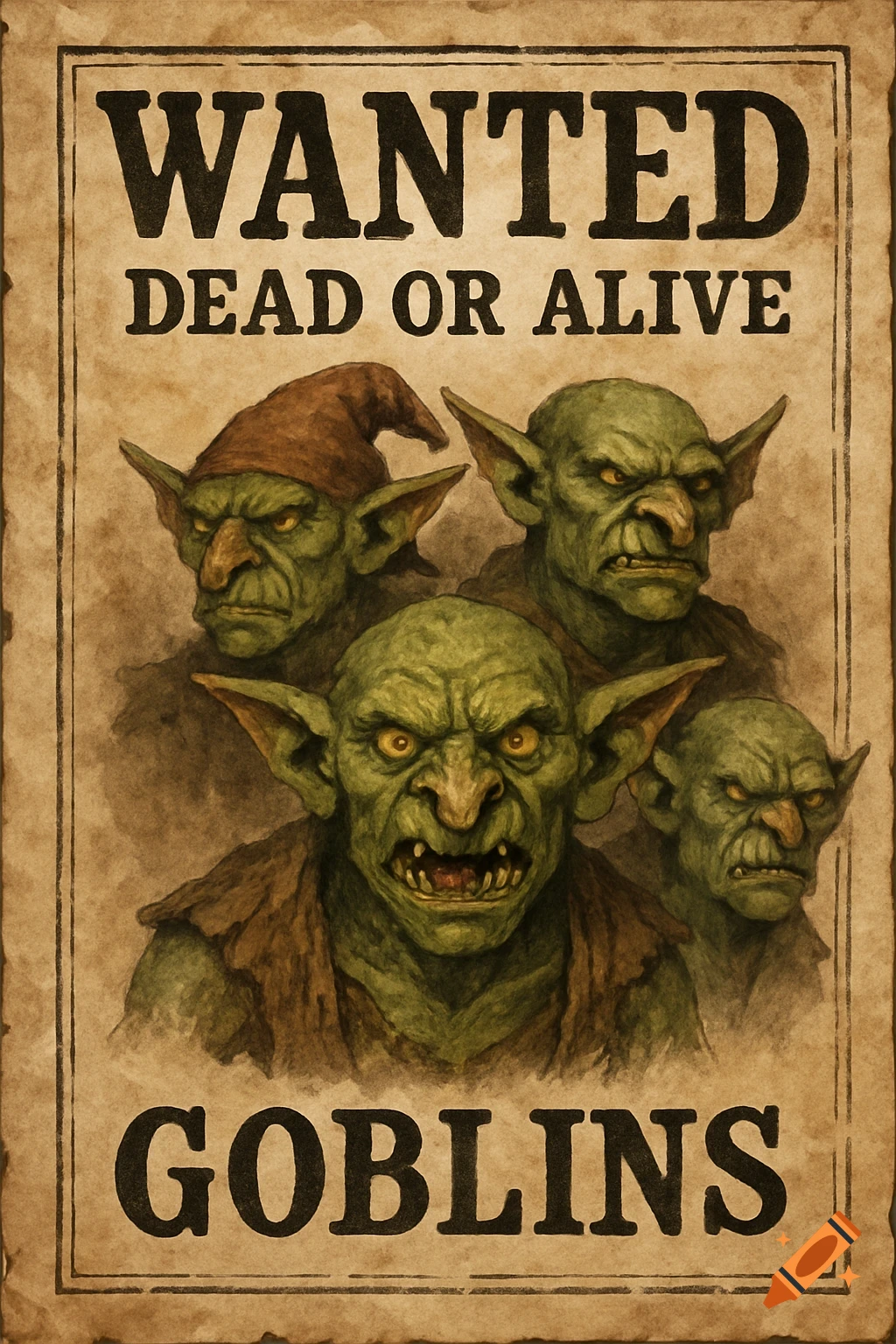Fantasy wanted poster featuring four goblins.