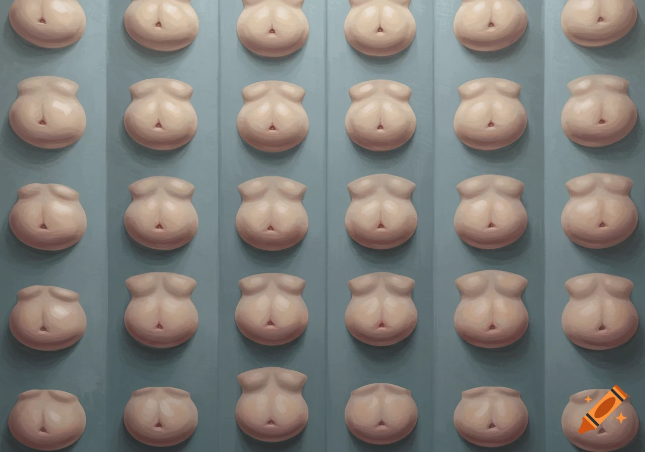 A repeating pattern of stylized fleshy shapes resembling bellies on a striped background.