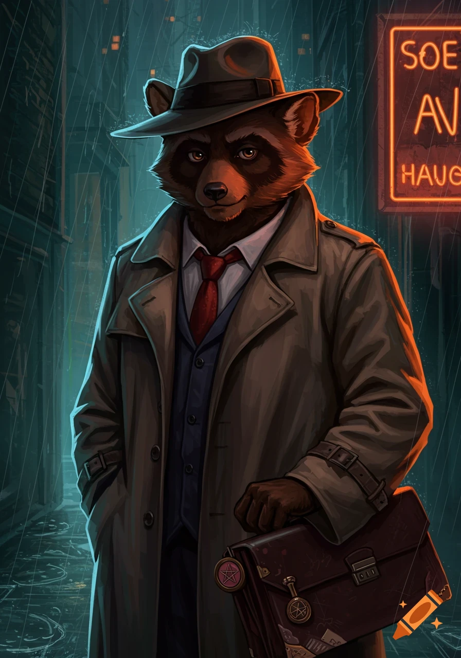 A raccoon in a trench coat and fedora stands in a rainy city street, holding a briefcase with a pentagram symbol.