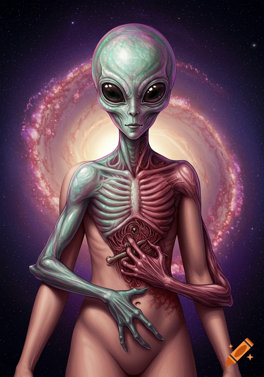 An alien figure showing half exposed internal anatomy against a galaxy background.