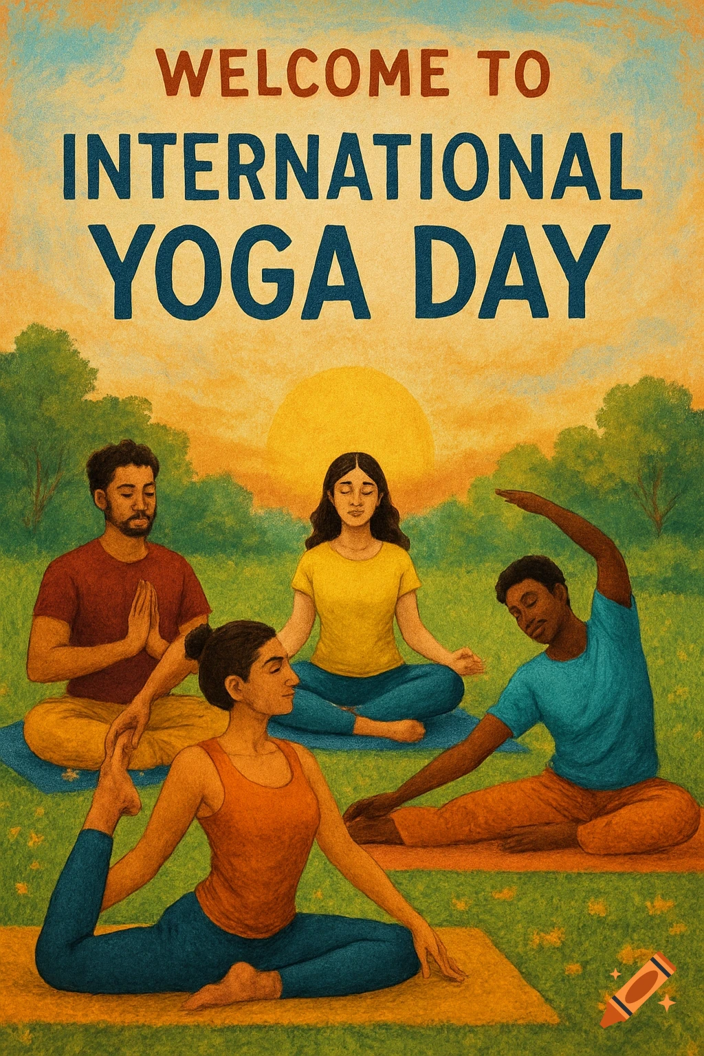 Textured illustration of people doing yoga outdoors with text 'Welcome to International Yoga Day'.