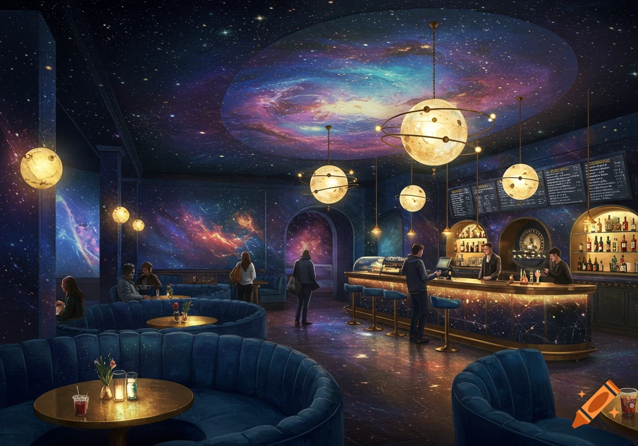 A cafe interior decorated with stars and nebulae on the walls and ceiling, with planet-shaped lights, plush blue seating, and a bar.