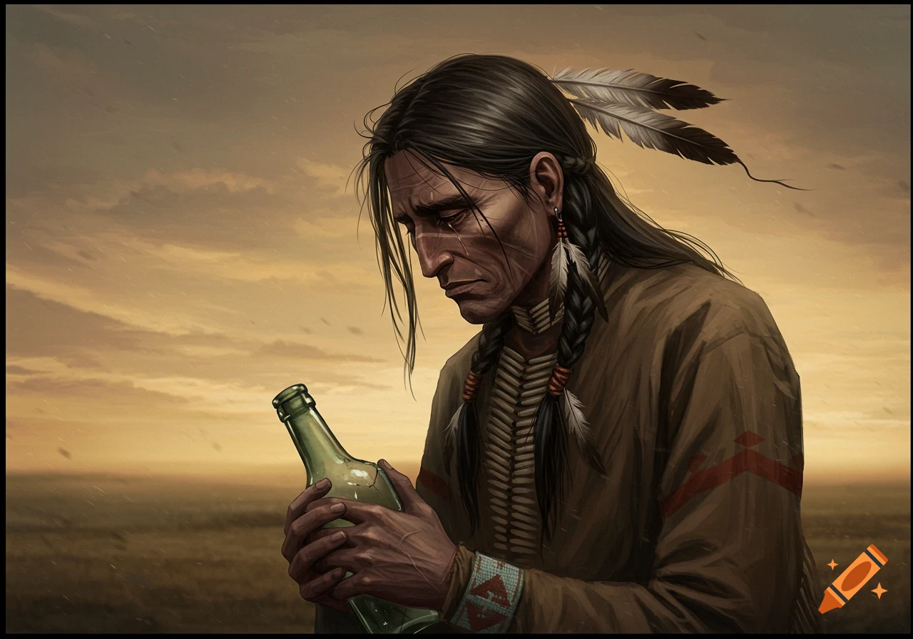 Digital painting of a sad Native American man holding a broken bottle against a cloudy sky.