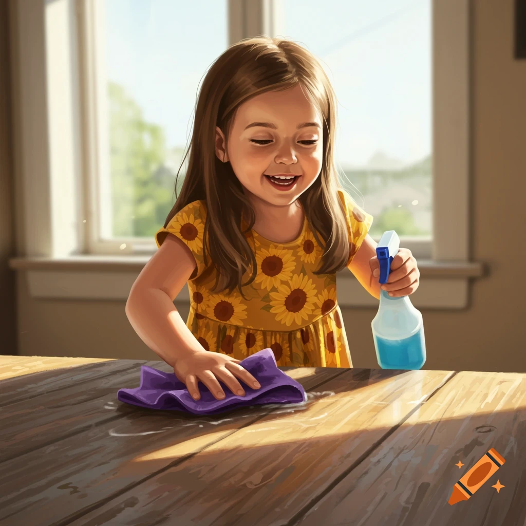A happy young girl cleaning a wooden table with a purple cloth and spray bottle.