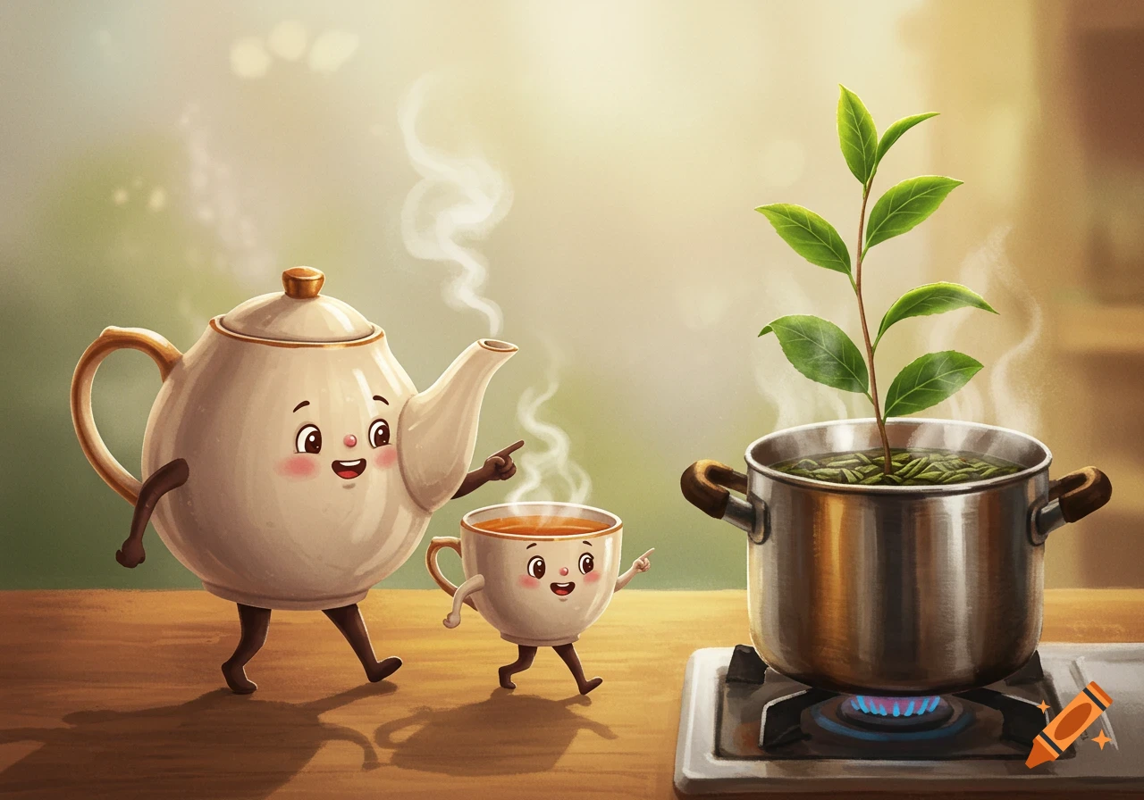 Cartoon teapot and cup walk towards a pot of boiling water with a tea plant. Digital illustration.