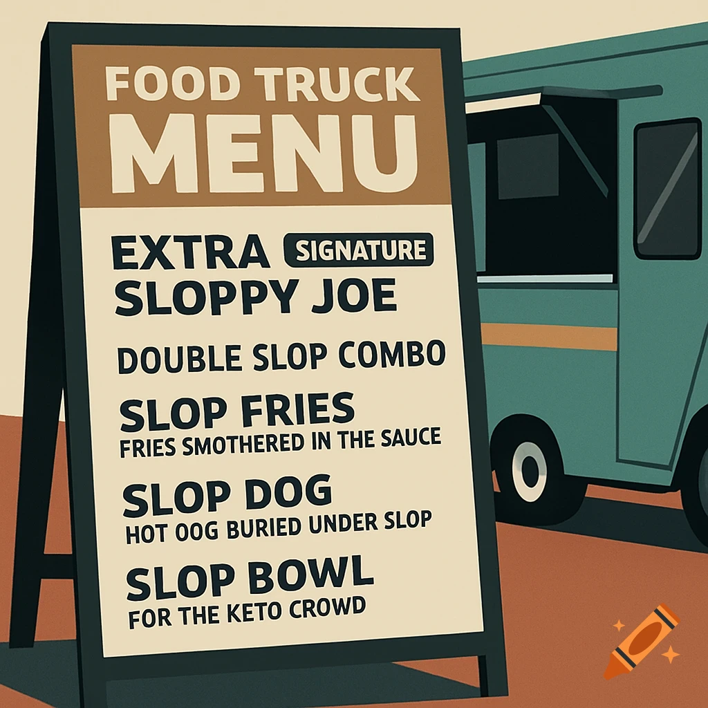 A food truck menu board with food items stands beside a food truck in a flat illustration style.