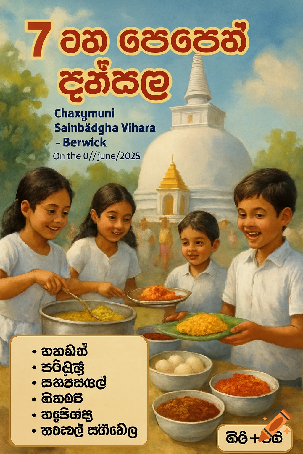 Painting of children serving food near a Buddhist stupa with text overlays for an event.